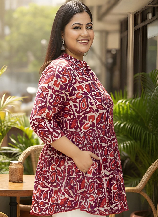 Indietoga Women Plus Size Paisley Print Mandarin Collar Cotton Fit & Flare Top - Image 2